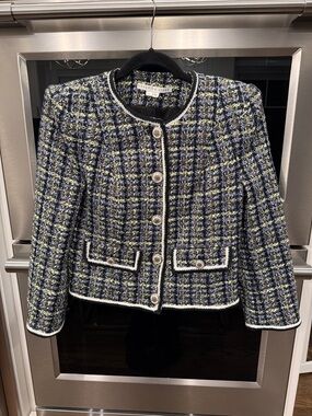 Veronica Beard Navy, Yellow & White Tweed Cropped Blazer